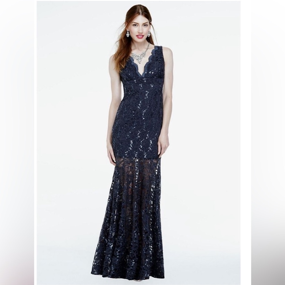 Navy Blue Gorgeous Evening Gown! Open Back, Illusion Sheer Lace Skirt